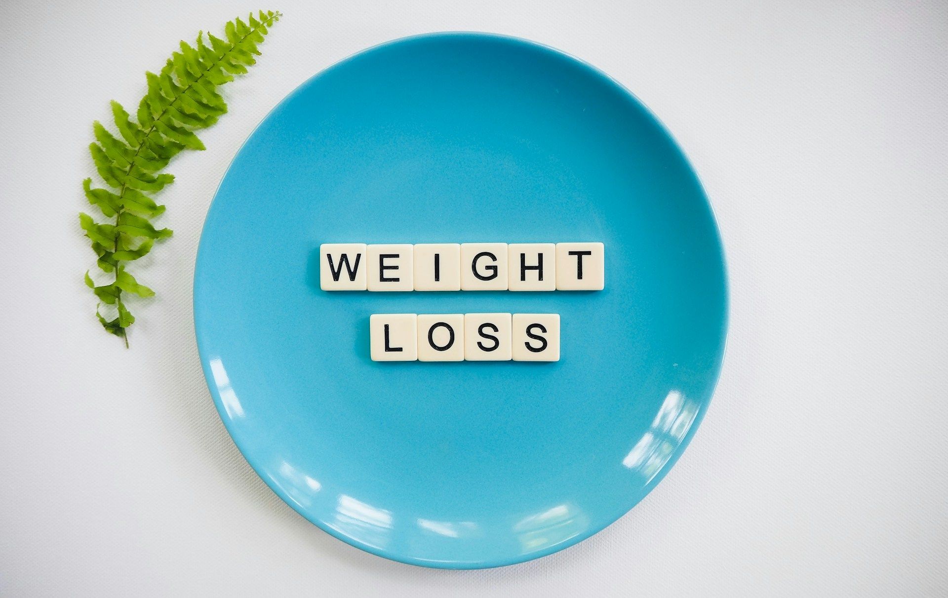 Blue plate with letter tiles spelling “WEIGHT LOSS” and a green fern leaf on a white background.