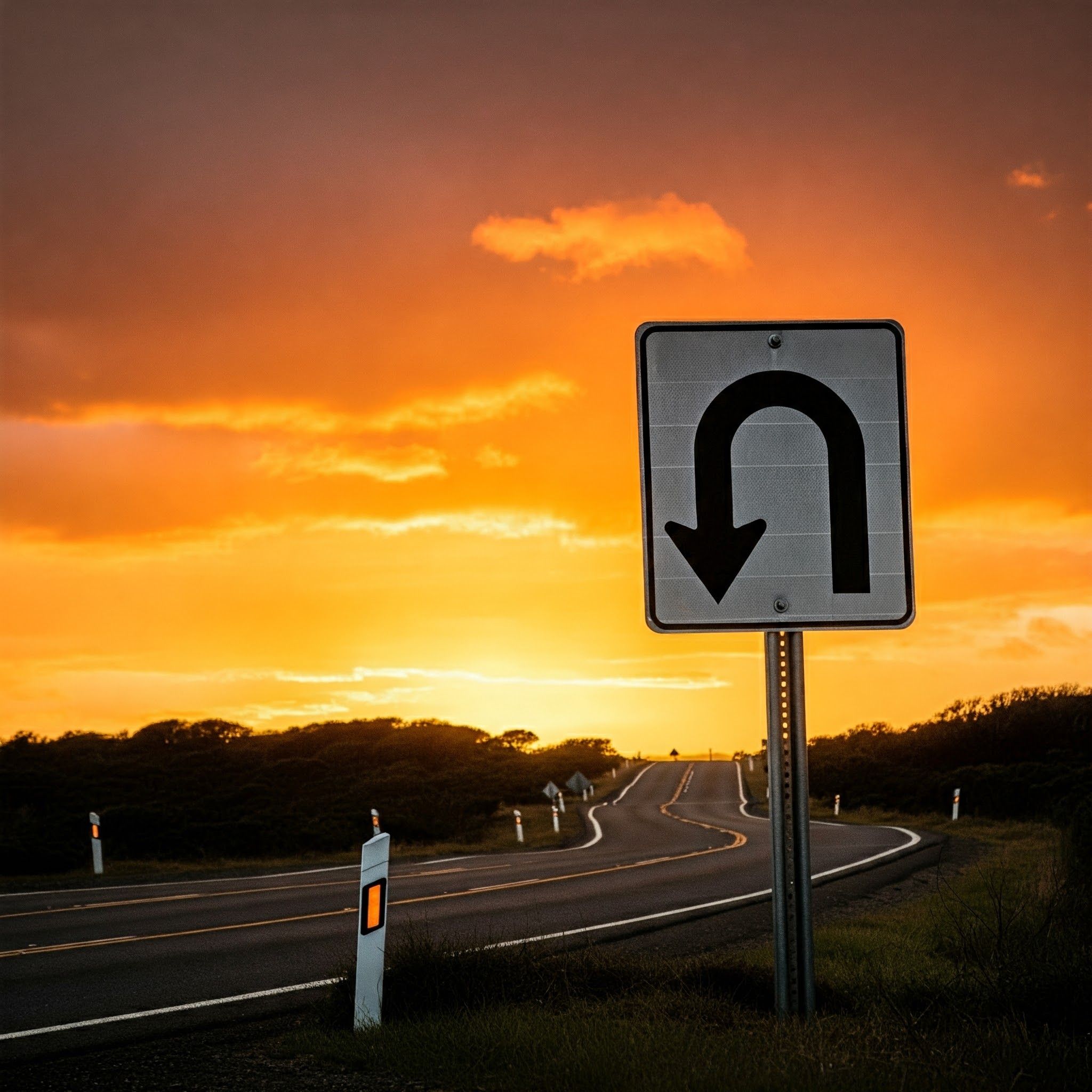 Señal de giro en U sobre un fondo de hermoso atardecer