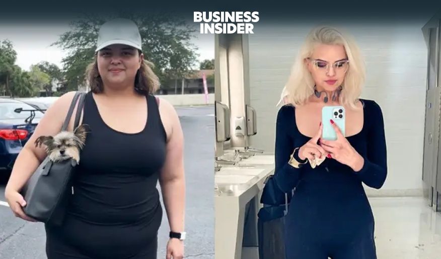 Before and after photos of a woman who has lost 100 pounds in eight months