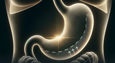 Illustration of a stomach showing the reduced volume after an Endoscopic Sleeve Gastroplasty (ESG) procedure.