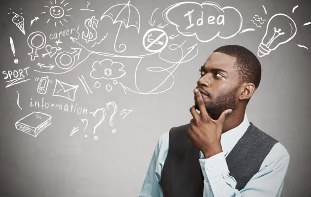 Hombre con chaleco pensando, rodeado de varios garabatos que representan ideas y conceptos.