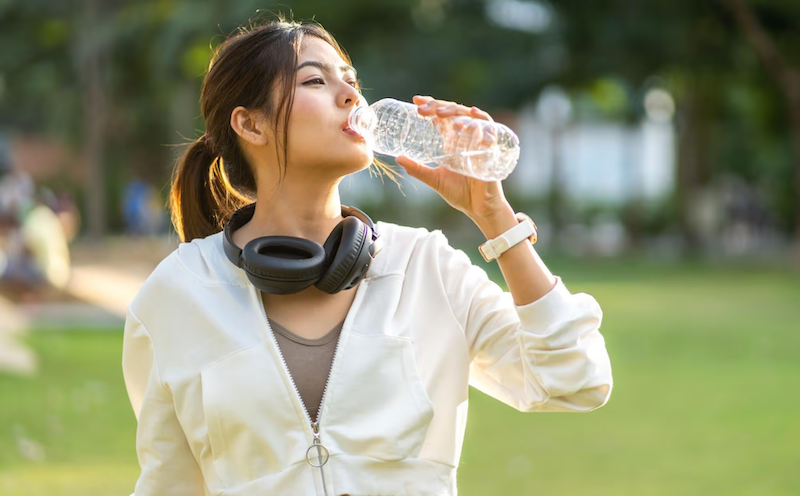 Mujer bebiendo agua en un parque mientras lleva auriculares alrededor del cuello, simbolizando elecciones de estilo de vida saludable.