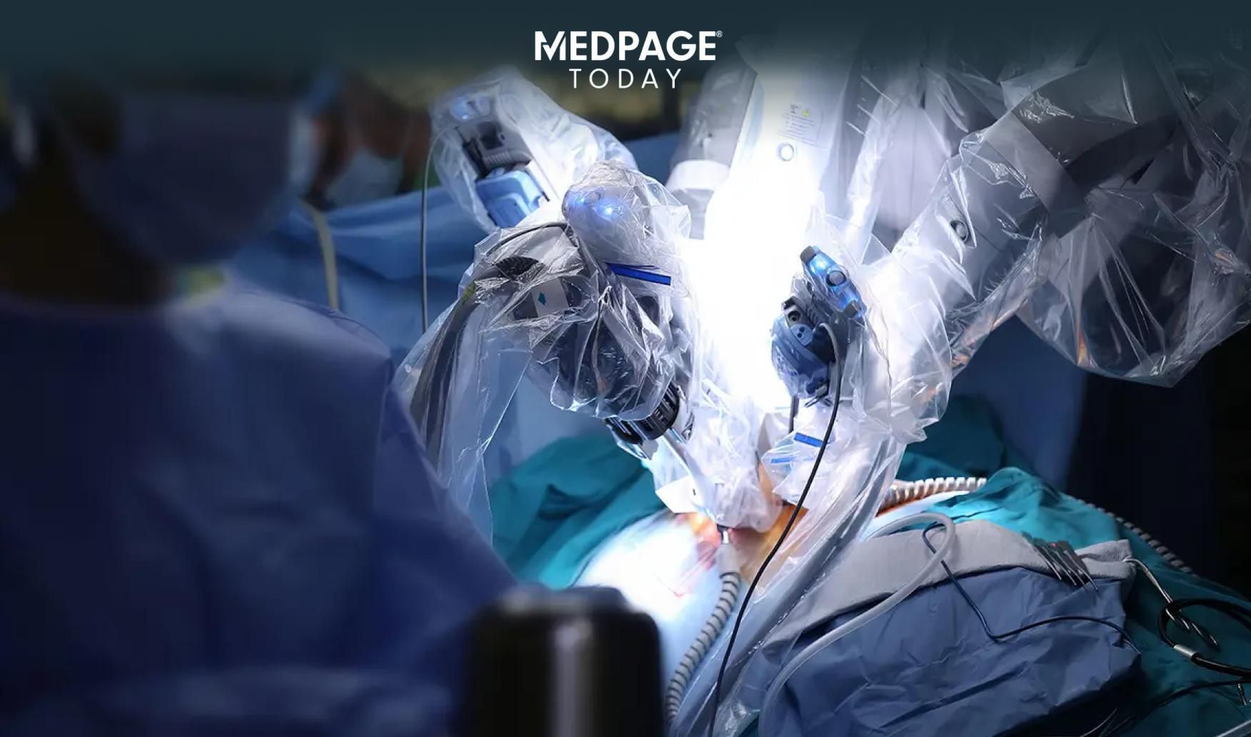 A photo of surgeons performing robot-assisted gastric surgery